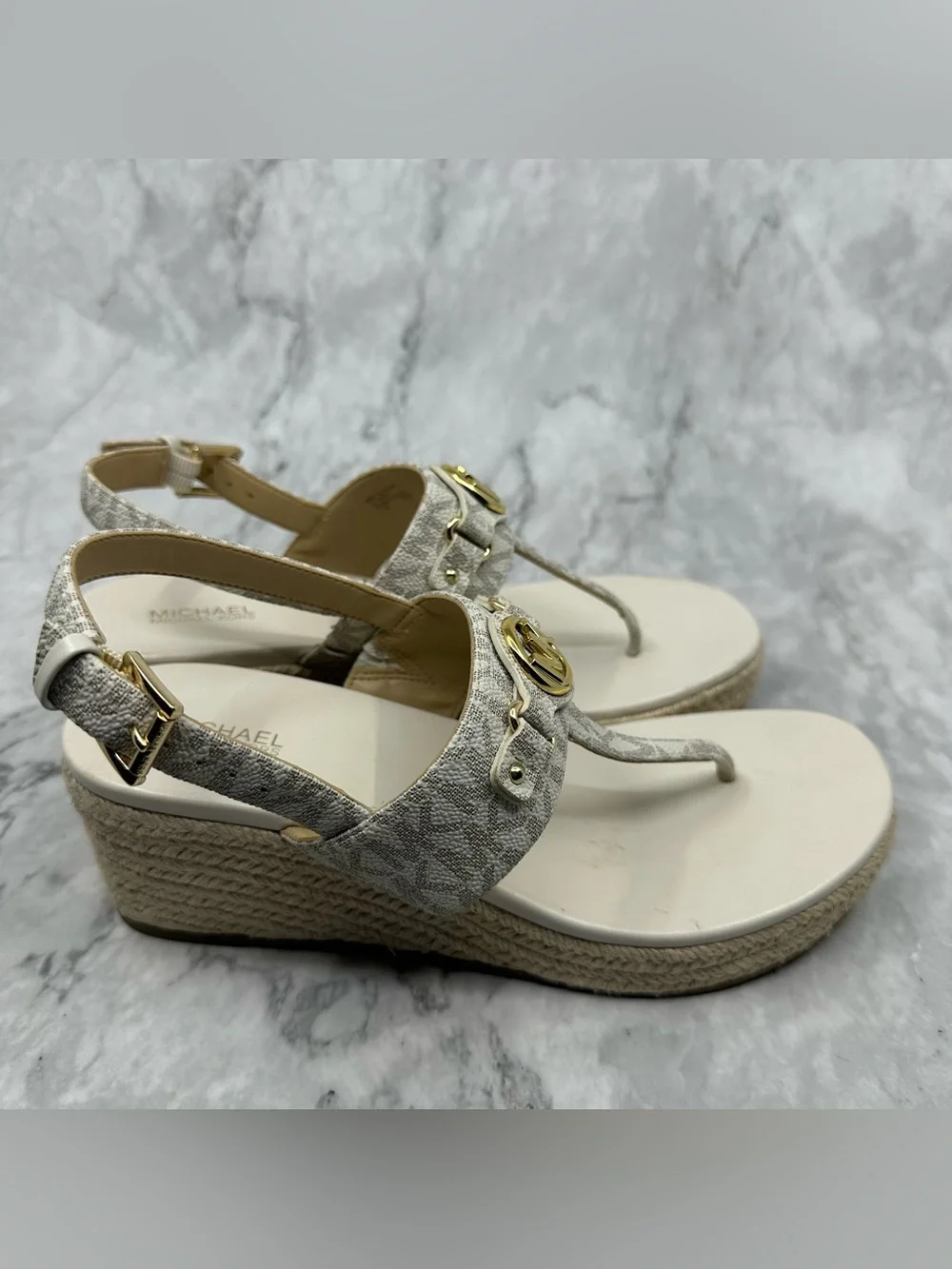 Michael Kors Ivory Logo T-Strap Sandals with Gold MK Medallion